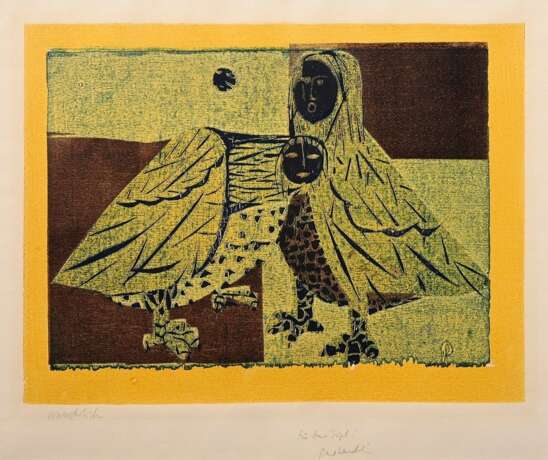 Wunderlich, Paul (1927-2010) „o.T. (Harpyien)“ 1954, Farbholzschnitt, u. 2x sign./gewidmet, PM 37x49cm (m.R. 62x70,3cm), leicht vergilbt, Provenienz: Nachlass Anne Tügel - photo 1