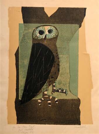 Wunderlich, Paul (1927-2010) „Kauz“ 1955, Farbholzschnitt, u.r. sign., u.l. sign./dat./gewidmet, PM ca. 48,5x34cm, leicht vergilbt und knickspurig, Provenienz: Nachlass Anne Tügel - photo 1
