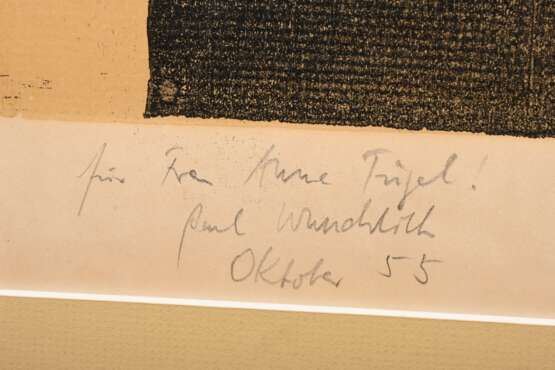 Wunderlich, Paul (1927-2010) „Kauz“ 1955, Farbholzschnitt, u.r. sign., u.l. sign./dat./gewidmet, PM ca. 48,5x34cm, leicht vergilbt und knickspurig, Provenienz: Nachlass Anne Tügel - photo 4