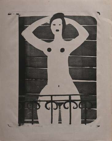 Wunderlich, Paul (1927-2010) "Akt auf dem Balkon", wohl Linolschnitt, Probe, u. monogr./bez., PM 54,5x43cm, BM 65,5x52,3cm, leichte Altersspuren, Provenienz: Nachlass Anne Tügel - photo 2