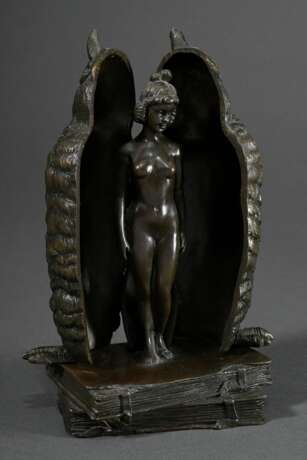 Herrenkabinett Bronze Figur „Eule und weiblicher Akt“, um 1900, H. 19,6cm, verso durchbohrt, Scharnierdefekt, berieben - Foto 1