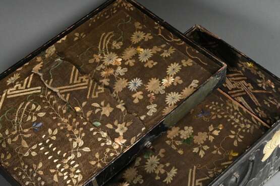Hasami-Bako Reisekiste mit Lackdekor im Rimpa 琳派 Stil "Lotosblüten und -blätter" sowie floral gravierten Messing Beschlägen, innen Seidenbespannung mit partieller Stickerei, Späte Edo-Zeit, um 1800, 34,4x60,5x4… - photo 4