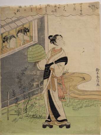 Harunobu, Suzuki (1724/25-1770) "Uzuki, Fuzoku shiki kasen" (April, aus: "furyu shiki kasan", Dichter in vier Jahreszeiten), Farbholzschnitt, BM 26,8x20,4cm, leicht beschnitten, kleine Defekte - photo 1