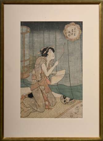 Kunisada (1786-1865) "Mücken verbrennen", Farbholzschnitt, aus der Serie Hoshi no shimo tôsei fûzoku (Sternenlichtfrost und moderne Gebräuche), sign. Gototei Kunisada ga, Verleger Iseya Rihei, 37x24,3cm (m.R. 5… - photo 2