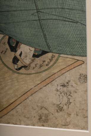 Kunisada (1786-1865) "Mücken verbrennen", Farbholzschnitt, aus der Serie Hoshi no shimo tôsei fûzoku (Sternenlichtfrost und moderne Gebräuche), sign. Gototei Kunisada ga, Verleger Iseya Rihei, 37x24,3cm (m.R. 5… - photo 4