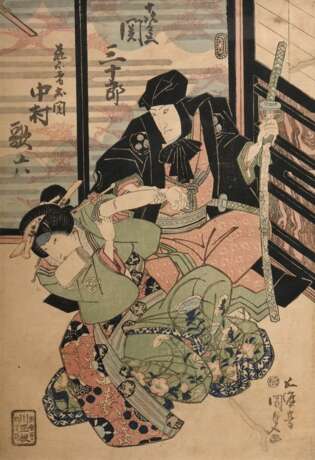 Kunisada (1786-1865) "Schauspieler Nakamura Karoku (li) und Seki Sanjurô", Farbholzschnitt, sign. Gototei Kunisada ga, Verleger Kawashô ha Ginzachô yonchôme, 36x24,8cm (m.R. 54x40cm), leichte Altersspuren, Defe… - photo 1