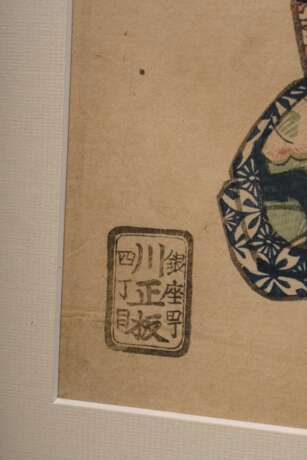 Kunisada (1786-1865) "Schauspieler Nakamura Karoku (li) und Seki Sanjurô", Farbholzschnitt, sign. Gototei Kunisada ga, Verleger Kawashô ha Ginzachô yonchôme, 36x24,8cm (m.R. 54x40cm), leichte Altersspuren, Defe… - photo 4