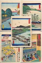 5 Farbholzschnitte aus der Tôkaidô meisho fûkei-Serie, 1863: Utagawa Yoshitori (act. 1836-1887) &quot;Fujieda&quot;, Verleger Enshûya Hikobei; 2 Utagawa Hiroshige II (1826-1869) &quot;Kawasaki&quot; und &quot;Kishû Katau…
