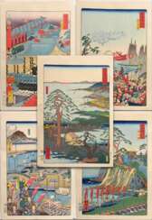 5 Farbholzschnitte aus der Tôkaidô meisho fûkei-Serie, 1863: Kawanabe Kyôsai (1831-1889) &quot;Miho Matusbara&quot;, &quot;Shigi Tatsuzawa&quot;; &quot;Hyôgo Tsukishima&quot;; &quot;Kyo, Tsuji Jomeimon&quot;; &quot;Kuwan…