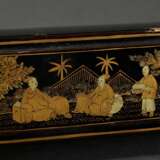 Elfenbein Brisée Fächer "Lebendige Stadtszene", L. 23,5cm, in Original Kasten mit Goldlackbemalung (5,3x27,5x6,4cm), Kanton um 1850, minimale Defekte, Genehmigung nach VO (EG) 338/97 liegt vor (kein Export auße… - Foto 10