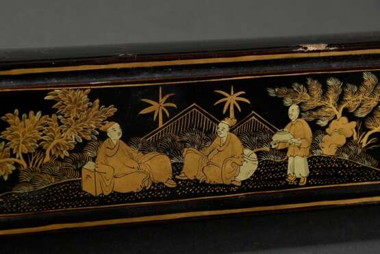 Elfenbein Brisée Fächer "Lebendige Stadtszene", L. 23,5cm, in Original Kasten mit Goldlackbemalung (5,3x27,5x6,4cm), Kanton um 1850, minimale Defekte, Genehmigung nach VO (EG) 338/97 liegt vor (kein Export auße… - Foto 10
