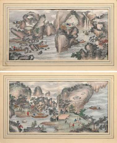 2 Farbige chinesische Tuschzeichnungen "Landschaften mit Personenstaffage" mit je zwei Blättern aus Querrolle und eingeschriebenen Ortsangaben, im Passepartout montiert, China 19.Jh., 30x58,5cm (m.PP. 42x69,5cm… - Foto 1