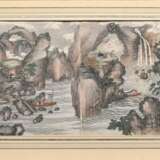 2 Farbige chinesische Tuschzeichnungen "Landschaften mit Personenstaffage" mit je zwei Blättern aus Querrolle und eingeschriebenen Ortsangaben, im Passepartout montiert, China 19.Jh., 30x58,5cm (m.PP. 42x69,5cm… - Foto 2