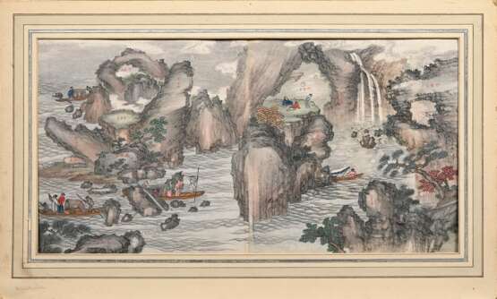2 Farbige chinesische Tuschzeichnungen "Landschaften mit Personenstaffage" mit je zwei Blättern aus Querrolle und eingeschriebenen Ortsangaben, im Passepartout montiert, China 19.Jh., 30x58,5cm (m.PP. 42x69,5cm… - Foto 2