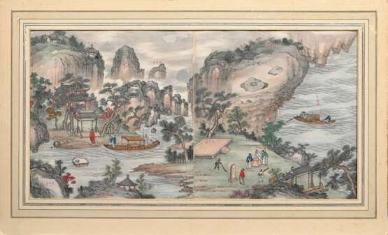 2 Farbige chinesische Tuschzeichnungen "Landschaften mit Personenstaffage" mit je zwei Blättern aus Querrolle und eingeschriebenen Ortsangaben, im Passepartout montiert, China 19.Jh., 30x58,5cm (m.PP. 42x69,5cm… - Foto 4