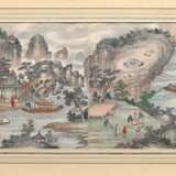 2 Farbige chinesische Tuschzeichnungen "Landschaften mit Personenstaffage" mit je zwei Blättern aus Querrolle und eingeschriebenen Ortsangaben, im Passepartout montiert, China 19.Jh., 30x58,5cm (m.PP. 42x69,5cm… - Foto 4
