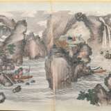 2 Farbige chinesische Tuschzeichnungen "Landschaften mit Personenstaffage" mit je zwei Blättern aus Querrolle und eingeschriebenen Ortsangaben, im Passepartout montiert, China 19.Jh., 30x58,5cm (m.PP. 42x69,5cm… - Foto 6