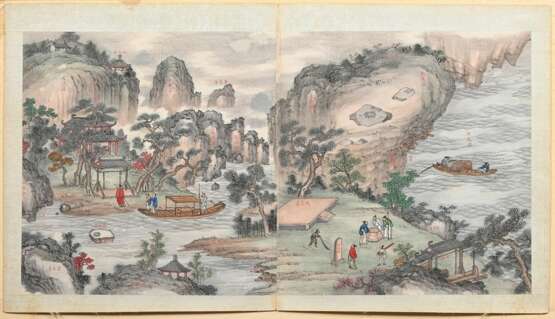 2 Farbige chinesische Tuschzeichnungen "Landschaften mit Personenstaffage" mit je zwei Blättern aus Querrolle und eingeschriebenen Ortsangaben, im Passepartout montiert, China 19.Jh., 30x58,5cm (m.PP. 42x69,5cm… - Foto 7