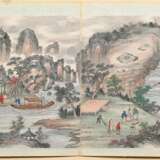 2 Farbige chinesische Tuschzeichnungen "Landschaften mit Personenstaffage" mit je zwei Blättern aus Querrolle und eingeschriebenen Ortsangaben, im Passepartout montiert, China 19.Jh., 30x58,5cm (m.PP. 42x69,5cm… - Foto 7