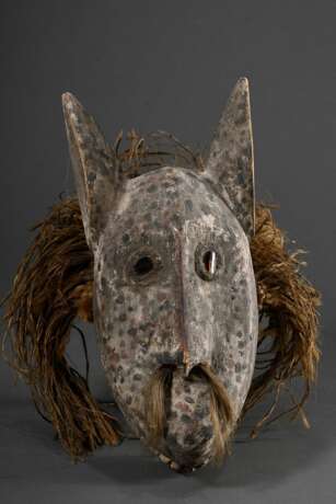 Zoomorphe Lega Maske mit langen Ohren, Flaschenglas Augen und Basthaaren, Reste von farbiger Bemalung, DR Kongo, H. 35cm, Gebrauchspatina, Provenienz: Sammlung Schleswig-Holstein - photo 2