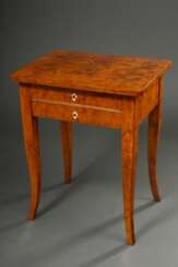 Biedermeier Nähtisch mit 2 Schüben auf leicht ausgestellten Beinen, Birke furniert, Norddeutsch um 1830/1840, 77x62,6x49cm