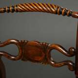 4 Englische Regency Stühle auf Säbelbeinen mit gedrehter Walze und Original Lederpolster, Buche dunkel gebeizt, schöne Patina, H. 45,5/83,5cm, Alters- und Gebrauchspuren, min. rest., alter Wurmfraß - photo 6