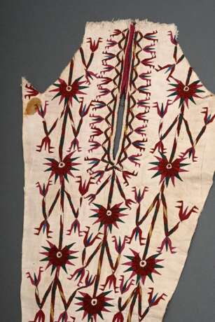 Chirpi Fragment der Tekke Turkmenen, weißgrundig mit floraler Stickerei in rot/gelb/blau/grün auf Baumwolltuch, Westturkistan, Zentralasien 19.Jh., 90x35cm, fleckig, Provenienz: Slg. H.-C. Sienknecht - фото 2