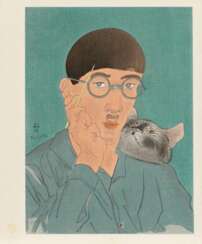 Holzschnitt: Selbstportrait mit Katze