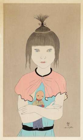 Holzschnitt: Mädchen eine Puppe haltend - фото 1