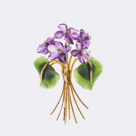 Nephrit-Amethyst Brosche 'Veilchen' mit Kleinstdiamanten. - фото 1