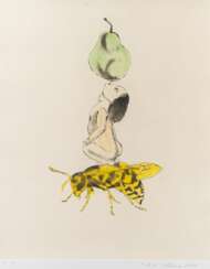 Cornelia Schleime (Berlin 1953). Ohne Titel (Kniender Frauenakt mit Wespe und Birne).