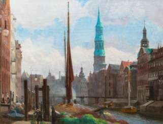 Julius von Ehren (Altona 1864 - Hamburg 1944). Nikolaifleet mit Reimersbrücke und St. Katharinenkirche.