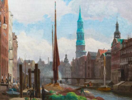Julius von Ehren (Altona 1864 - Hamburg 1944). Nikolaifleet mit Reimersbrücke und St. Katharinenkirche. - фото 1