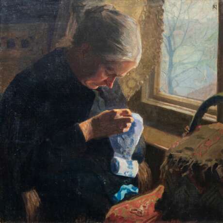 Franz Nölken (Hamburg 1884 - La Capelle 1918). Die Mutter des Künstlers bei der Handarbeit. - Foto 1