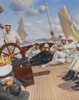 Uwe Lütgen (Hamburg 1944). König George V. am Ruder der Britannia während der Cowes Week.