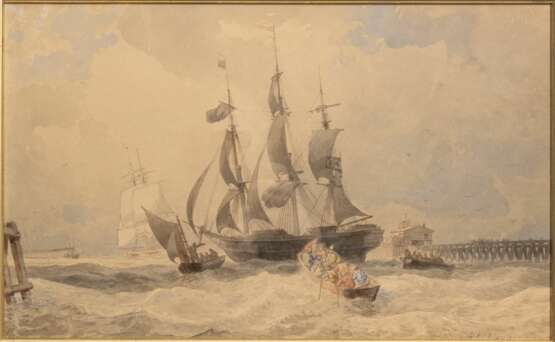 Hermann Mevius (Breslau 1820 - Düsseldorf 1864). Dreimaster mit Beibooten. - photo 1