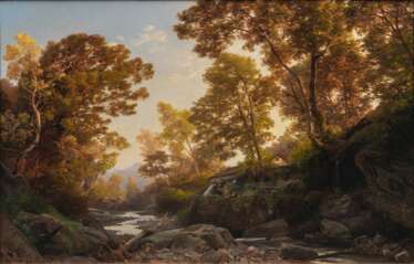 Valentin Ruths (Hamburg 1825 - Hamburg 1905). Flusslandschaft mit Mühle.