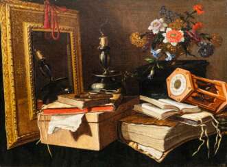 Meister der Vanitas-Texte tätig in Madrid um 1650. Stillleben mit Symbolen der Vergänglichkeit.