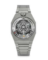 URWERK. AN INVENTIVE TITANIUM SEMI-SKELETONISED AUTOMATIC WRISTWATCH WITH WANDERING HOURS, LINEAR MINUTES, EARTH'S ROTATIONAL DISTANCE AT THE EQUATOR AND ORBITAL DISTANCE IN 20 MINUTE INCREMENTS AND BRACELET