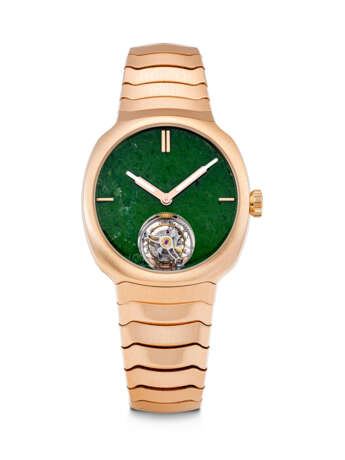 H. MOSER & CIE. AN ENCHANTING 18K PINK GOLD SEMI-SKELETONISED AUTOMATIC TOURBILLON WRISTWATCH WITH WYOMING JADE DIAL AND BRACELET - photo 1