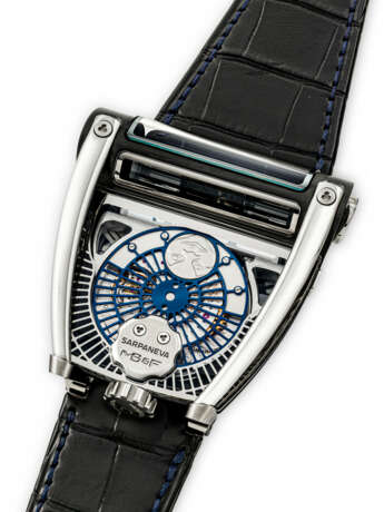 MB&F X SARPENEVA. A RARE BLACKENED TITANIUM SEMI-SKELETONISED AUTOMATIC LIMITED EDITION JUMP HOUR WRISTWATCH WITH WANDERING MINUTES, LATERAL TIME DISPLAY AND MOON PHASES - фото 2