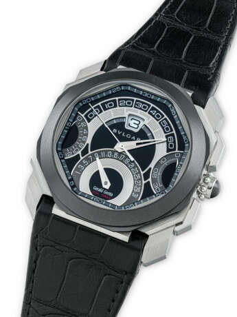 BULGARI. A STAINLESS STEEL AND BLACK CERAMIC AUTOMATIC CHRONOGRAPH WRISTWATCH WITH SWEEP CENTRE SECONDS, JUMP HOUR, RETROGRADE MINUTES AND DATE - photo 2