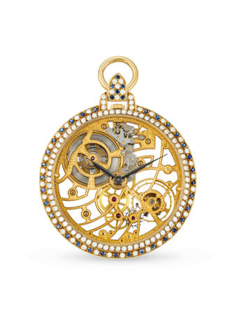 AUDEMARS PIGUET. 18K GOLD, DIAMOND AND SAPPHIRE-SET SKELETONISED POCKET WATCH - photo 1