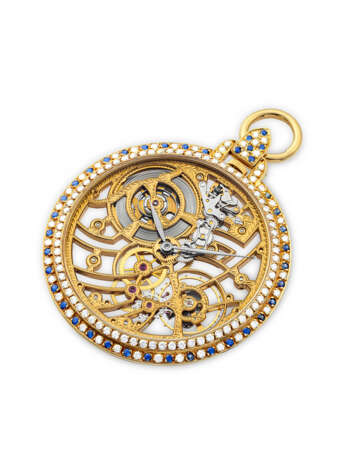 AUDEMARS PIGUET. 18K GOLD, DIAMOND AND SAPPHIRE-SET SKELETONISED POCKET WATCH - photo 2