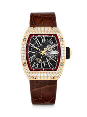 RICHARD MILLE. A RARE AND ATTRACTIVE 18K PINK GOLD AND DIAMOND-SET AUTOMATIC SEMI-SKELETONISED WRISTWATCH WITH SWEEP CENTRE SECONDS AND DATE - Foto 1 RICHARD MILLE. A RARE AND ATTRACTIVE 18K PINK GOLD AND DIAMOND-SET AUTOMATIC SEMI-SKELETONISED WRISTWATCH WITH SWEEP CENTRE SECONDS AND DATE - Foto 1