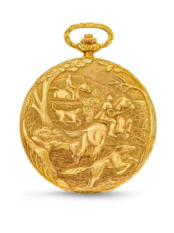 PATEK PHILIPPE. A UNIQUE AND EXCEPTIONAL 18K GOLD POCKET WATCH WITH DIPTYCH DEPICTING A HUNTING SCENE - Foto 1
