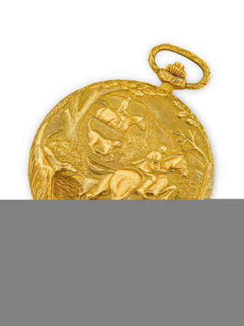 PATEK PHILIPPE. A UNIQUE AND EXCEPTIONAL 18K GOLD POCKET WATCH WITH DIPTYCH DEPICTING A HUNTING SCENE - Foto 2