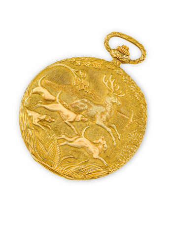 PATEK PHILIPPE. A UNIQUE AND EXCEPTIONAL 18K GOLD POCKET WATCH WITH DIPTYCH DEPICTING A HUNTING SCENE - Foto 3