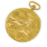 PATEK PHILIPPE. A UNIQUE AND EXCEPTIONAL 18K GOLD POCKET WATCH WITH DIPTYCH DEPICTING A HUNTING SCENE - Foto 3