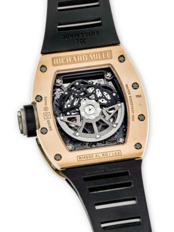 RICHARD MILLE. AN 18K PINK GOLD AND TITANIUM AUTOMATIC SKELETONISED WRISTWATCH WITH SWEEP CENTRE SECONDS, DECLUTCHABLE ROTOR, POWER RESERVE AND DATE - Foto 3 RICHARD MILLE. AN 18K PINK GOLD AND TITANIUM AUTOMATIC SKELETONISED WRISTWATCH WITH SWEEP CENTRE SECONDS, DECLUTCHABLE ROTOR, POWER RESERVE AND DATE - Foto 3